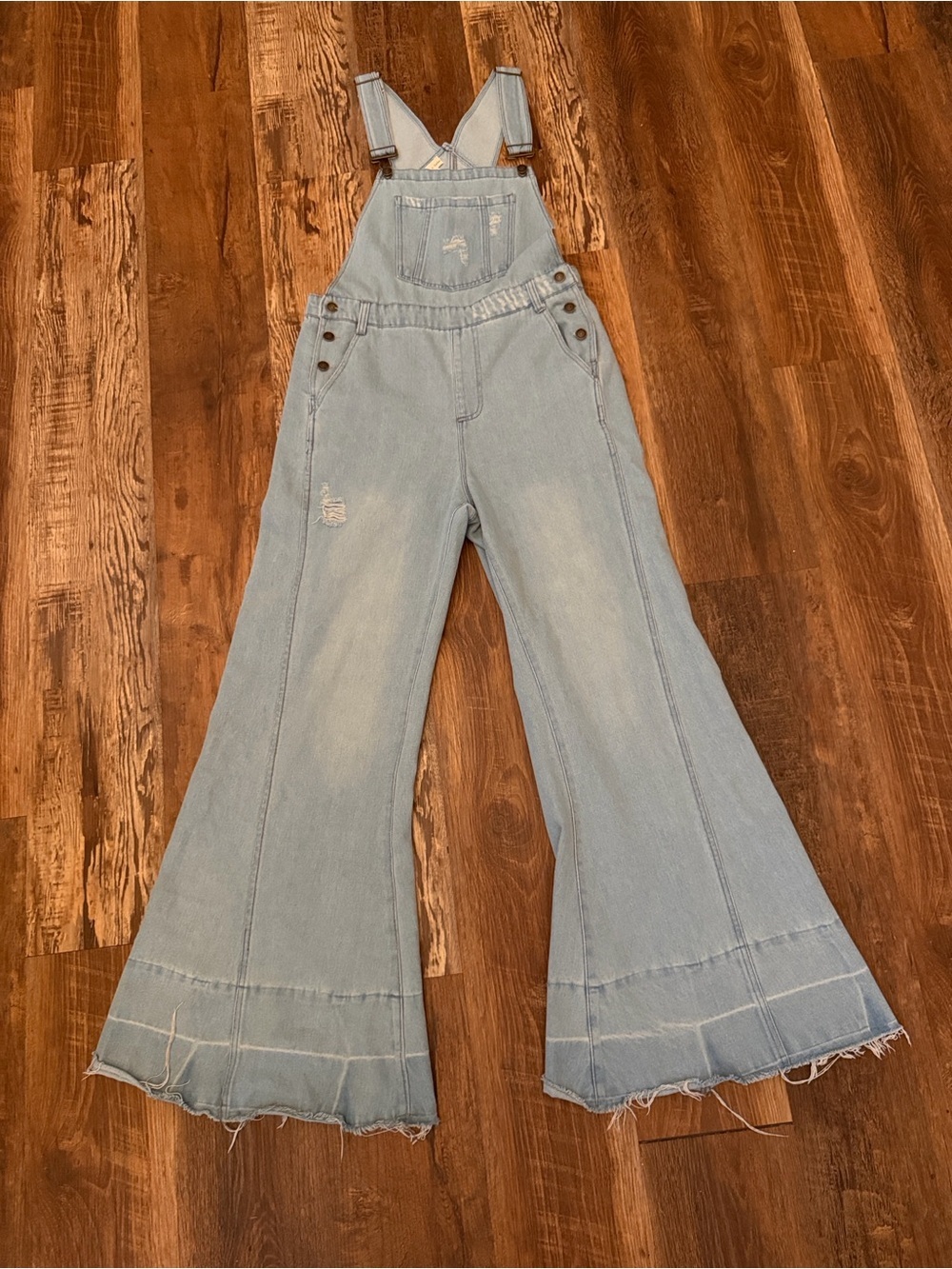 Aaron & Amber Light Wash Women's Denim Overalls - Wide Leg Flare